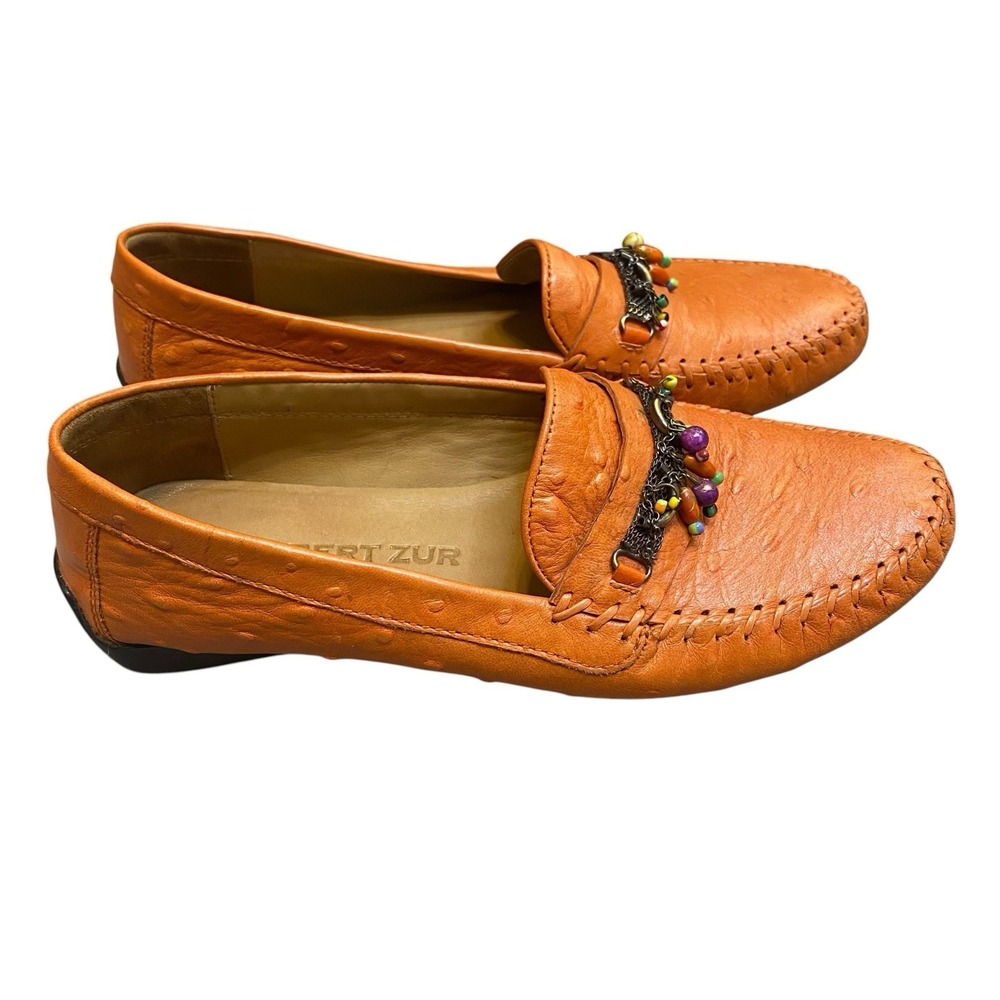 Robert Zur Driving Loafers Woman 7.5M Ostrich Leather Orange Beaded Moccasins